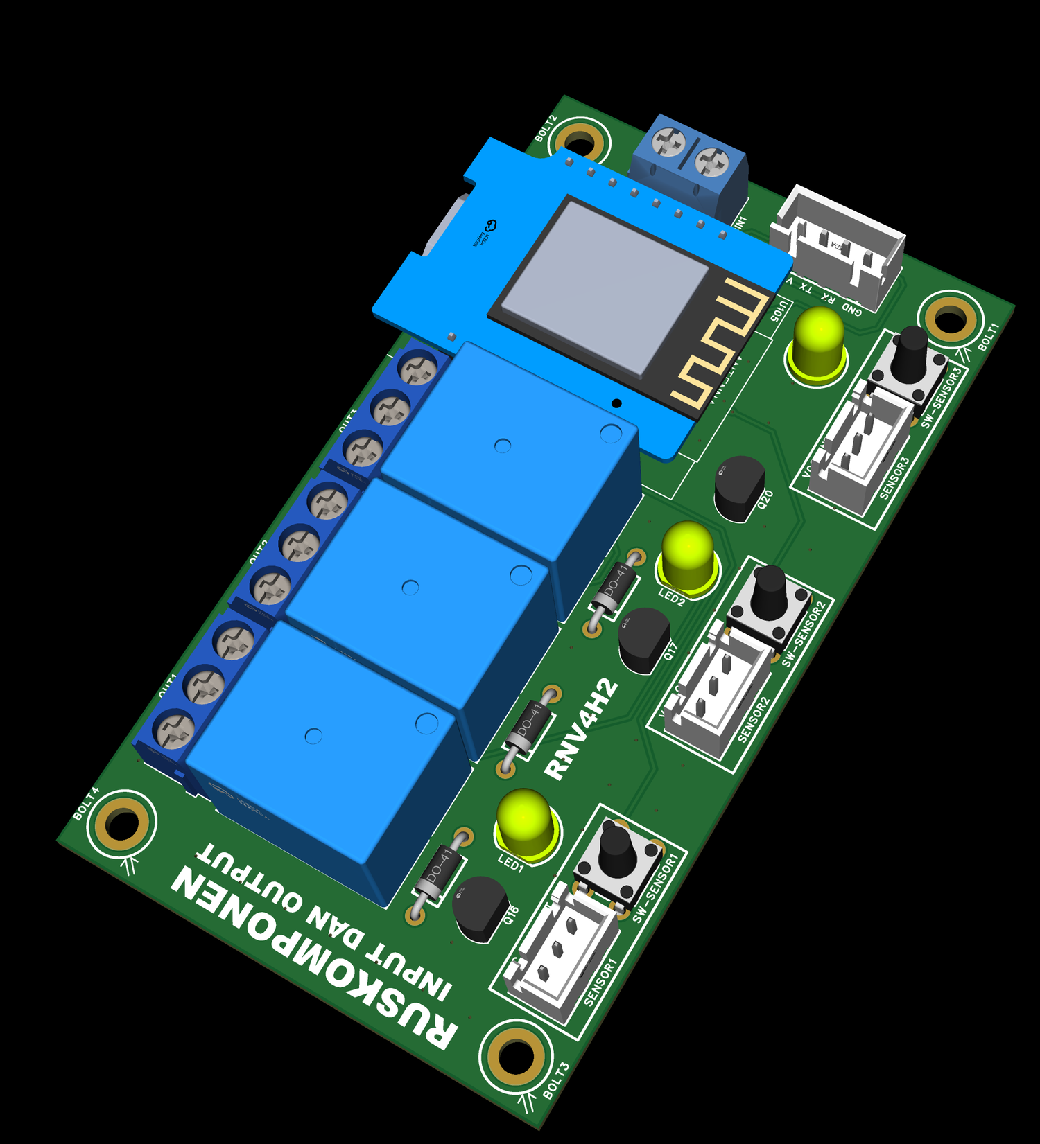 Render 3D PCB modul IO RNV4H2: tiga relay, tiga konektor sensor, dan papan Wemos