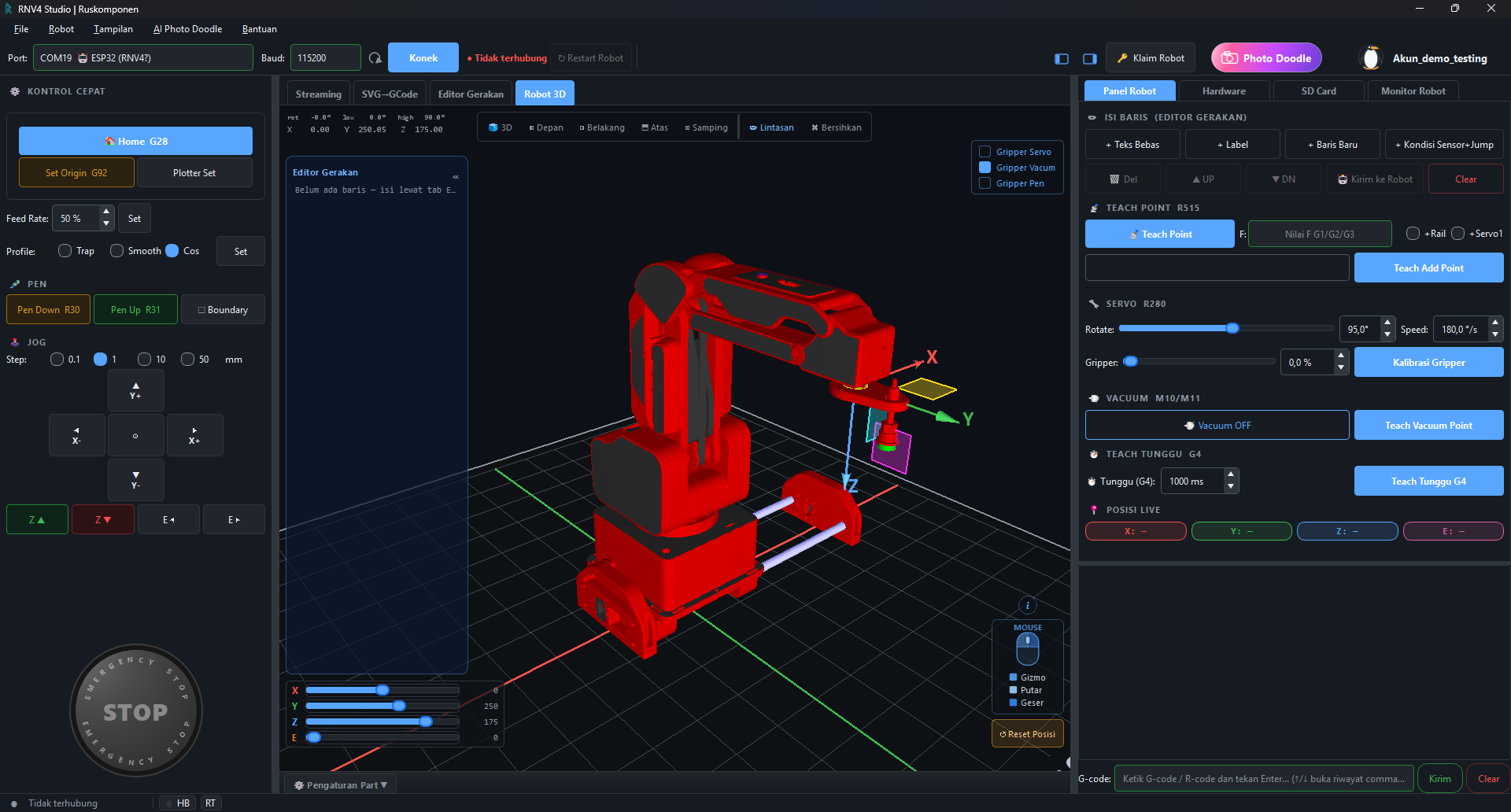 Tampilan RNV4 Studio pada tab Robot 3D, dengan Kontrol Cepat di kiri dan Panel Robot di kanan